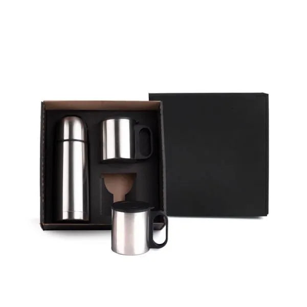 CONJ. DE GARRAFA E CANECA EM AÇO INOX 330/180 ML - 3 PÇS