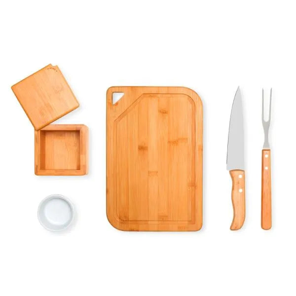 KIT PARA CHURRASCO EM BAMBU / MADEIRA / INOX - 5 PÇS