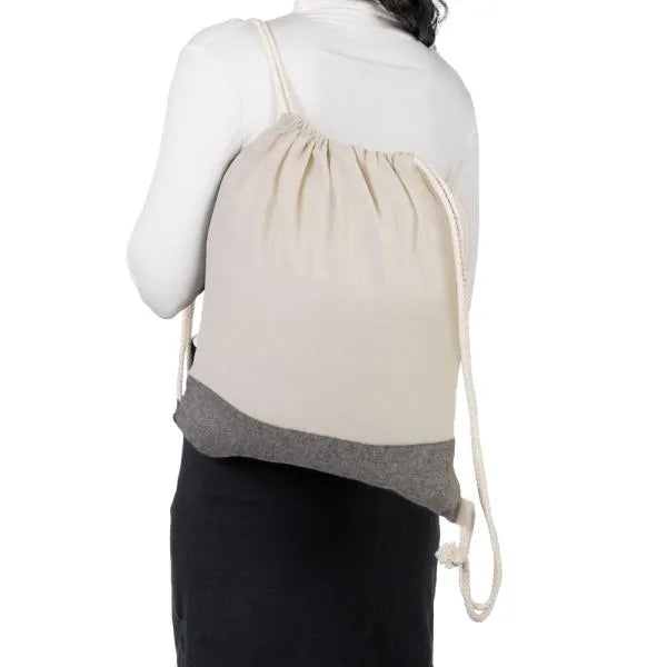 MOCHILA SACOLA EM ALGODÃO RECICLADO - BEGE NATURAL / MELANGE CINZA - 37X41CM