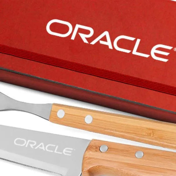 CONJ. DE GARFO E FACA INOX / MADEIRA / BAMBU COM ESTOJO VERMELHO - 3 PÇS
