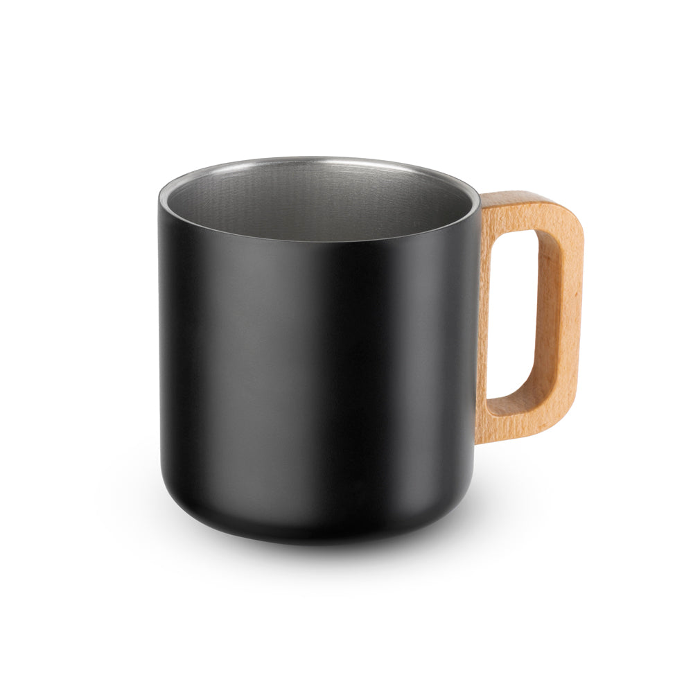 Caneca térmica com alça em madeira