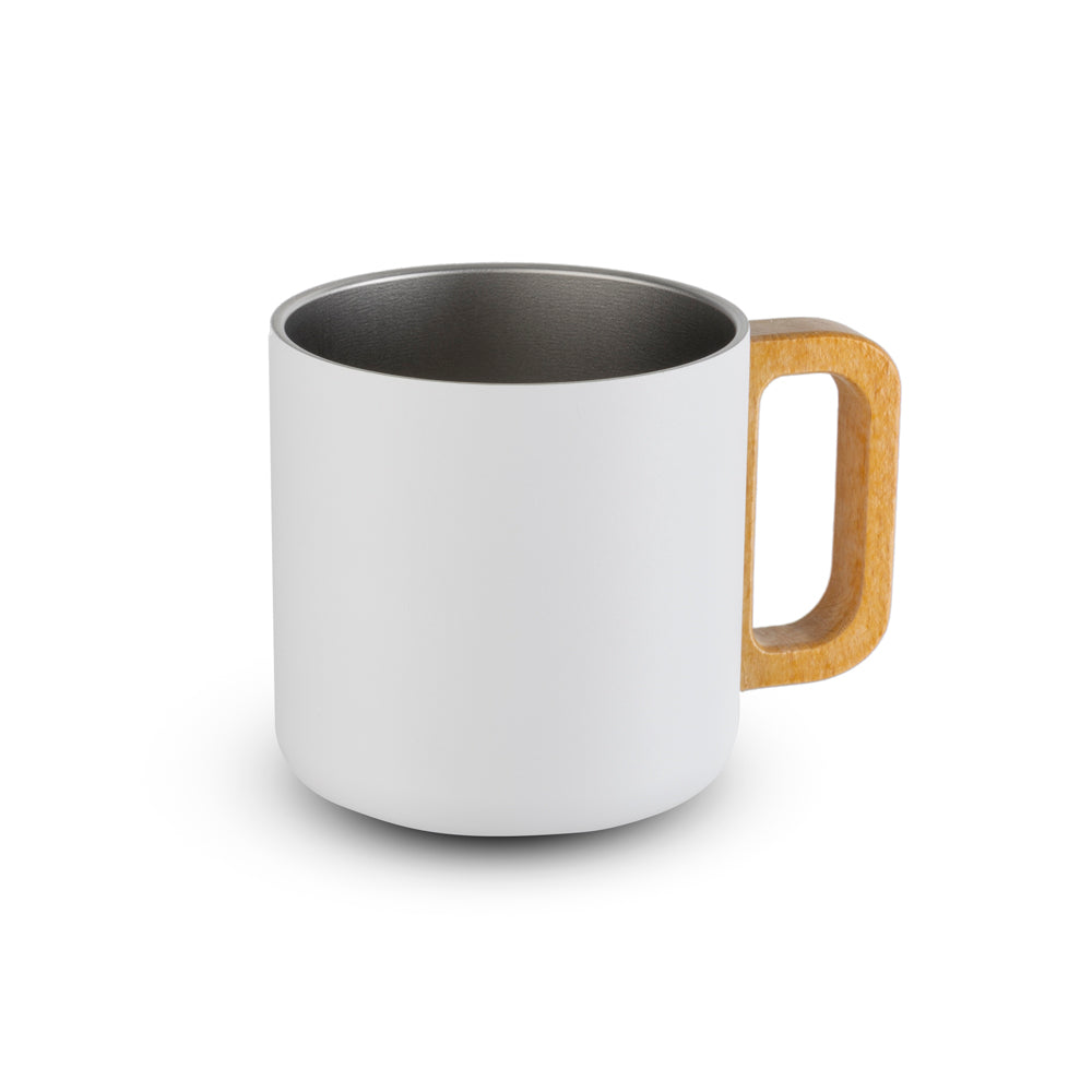 Caneca térmica com alça em madeira
