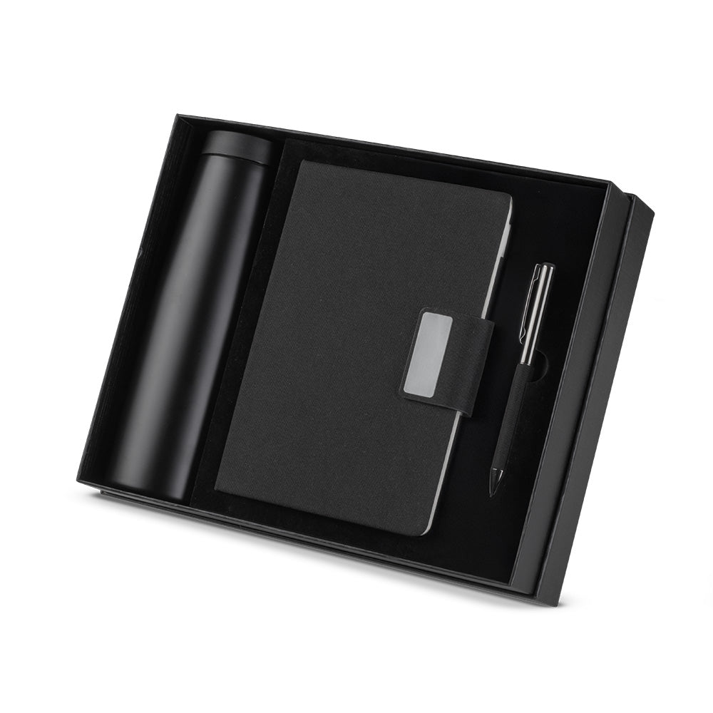 Kit escritório Caderno, Garrafa e Caneta Metalica