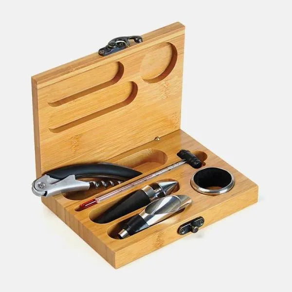 ACESSÓRIOS PARA VINHO COM ESTOJO EM BAMBU - 6 PÇS