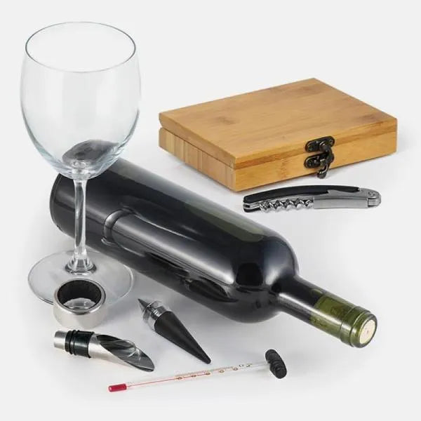 ACESSÓRIOS PARA VINHO COM ESTOJO EM BAMBU - 6 PÇS