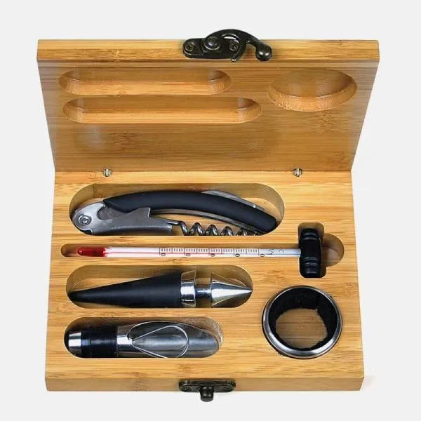 ACESSÓRIOS PARA VINHO COM ESTOJO EM BAMBU - 6 PÇS