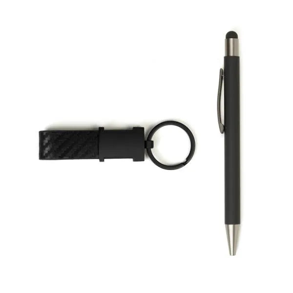 CANETA E CHAVEIRO EM METAL CINZA