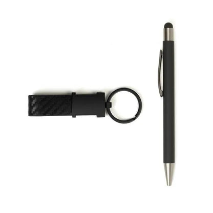 CANETA E CHAVEIRO EM METAL CINZA