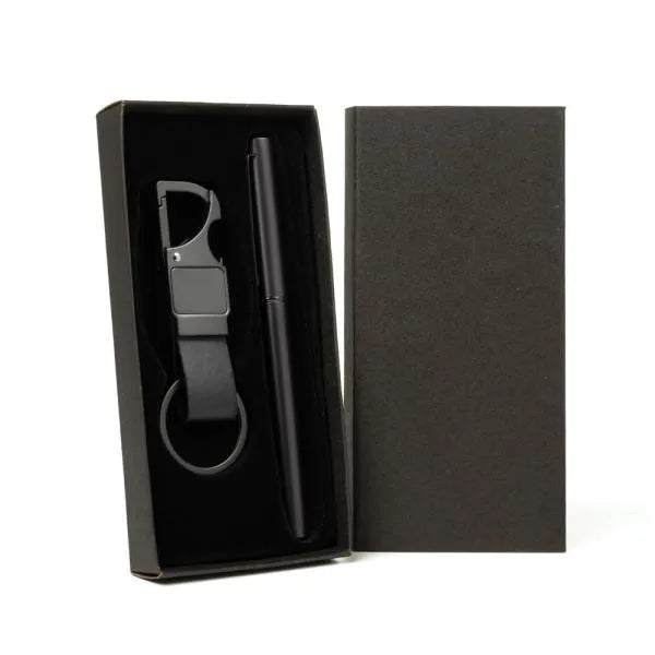 CANETA ROLLER E CHAVEIRO CINZA EM METAL E PU PRETO