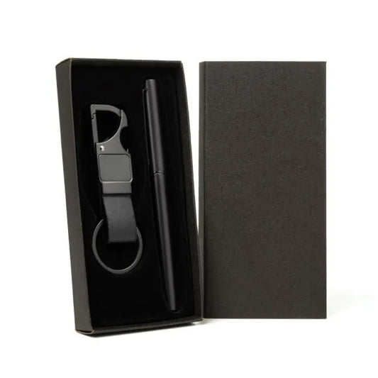 CANETA ROLLER E CHAVEIRO CINZA EM METAL E PU PRETO