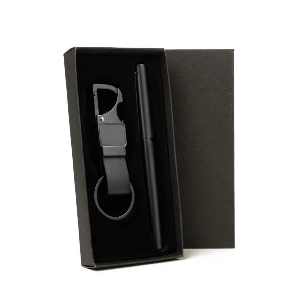 CANETA ROLLER E CHAVEIRO CINZA EM METAL E PU PRETO