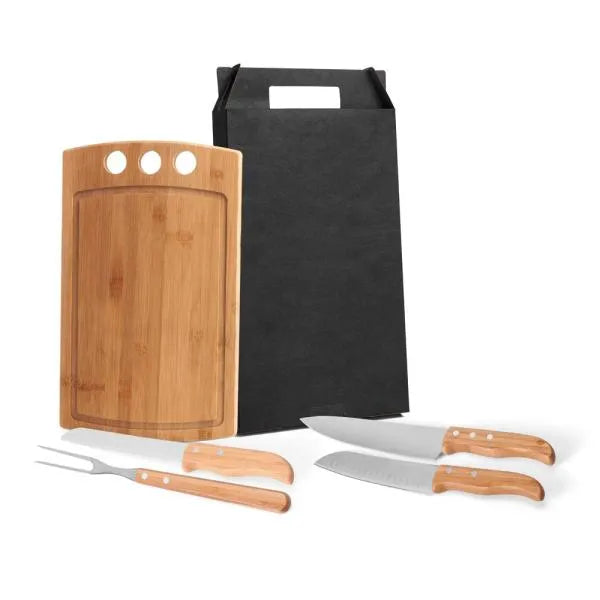 CONJ. PARA CHURRASCO E COZINHA EM BAMBU / MADEIRA / INOX - 5 PÇS