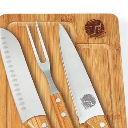 CONJ. PARA CHURRASCO EM BAMBU /MADEIRA / INOX DALLAS - 4 PÇS