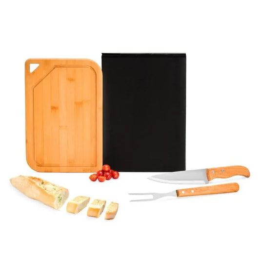 CONJ. PARA CHURRASCO EM BAMBU / INOX / MADEIRA - 3 PÇS