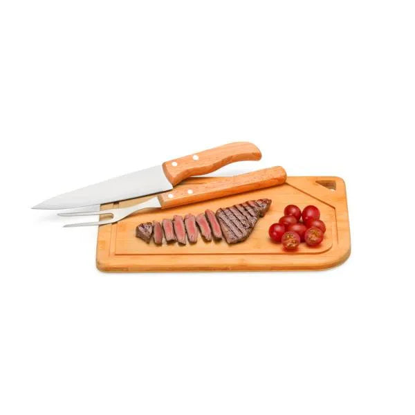 CONJ. PARA CHURRASCO EM BAMBU / INOX / MADEIRA - 3 PÇS