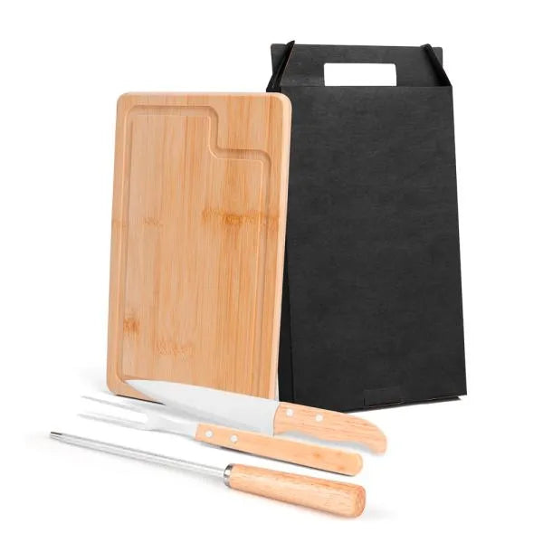 CONJ. PARA CHURRASCO EM BAMBU / INOX / MADEIRA - 4 PÇS