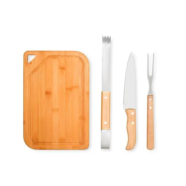 CONJ. PARA CHURRASCO EM BAMBU / INOX / MADEIRA - 4 PÇS