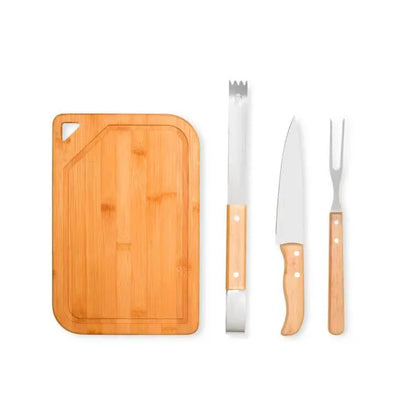 CONJ. PARA CHURRASCO EM BAMBU / INOX / MADEIRA - 4 PÇS