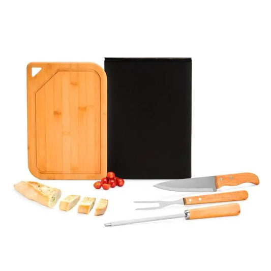 CONJ. PARA CHURRASCO EM BAMBU / INOX / MADEIRA - 4 PÇS