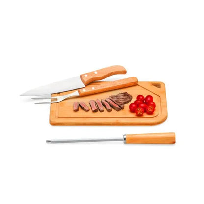 CONJ. PARA CHURRASCO EM BAMBU / INOX / MADEIRA - 4 PÇS