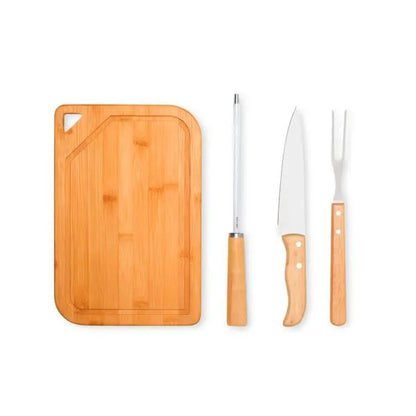 CONJ. PARA CHURRASCO EM BAMBU / INOX / MADEIRA - 4 PÇS