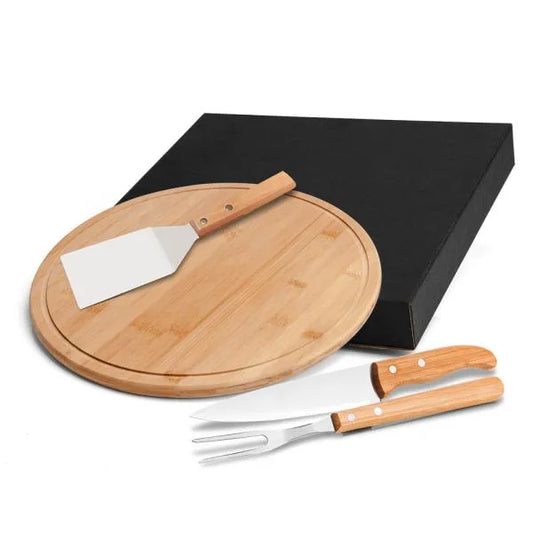 CONJ. PARA CHURRASCO E PIZZA EM BAMBU / MADEIRA / INOX - 35CM - 4 PÇS.