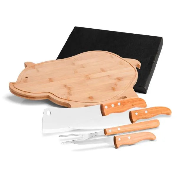 KIT PARA COZINHA COM TÁBUA PORCO EM BAMBU / MADEIRA / INOX - 5 PÇS
