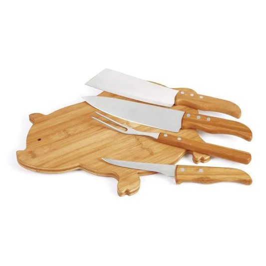 KIT PARA COZINHA COM TÁBUA PORCO EM BAMBU / MADEIRA / INOX - 5 PÇS