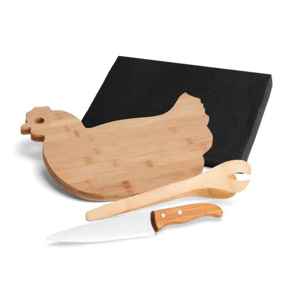 KIT PARA COZINHA COM TÁBUA PORCO EM BAMBU / MADEIRA / INOX - 5 PÇS