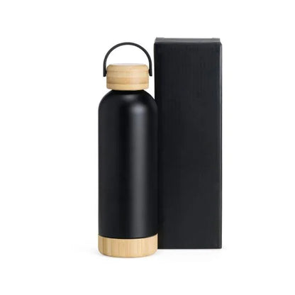 GARRAFA PAREDE DUPLA COM DETALHES EM BAMBU - PRETA - 500 ML
