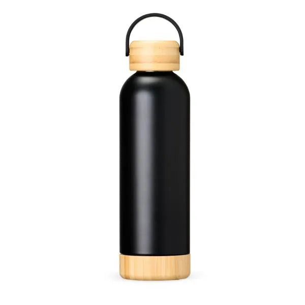 GARRAFA PAREDE DUPLA COM DETALHES EM BAMBU - PRETA - 500 ML