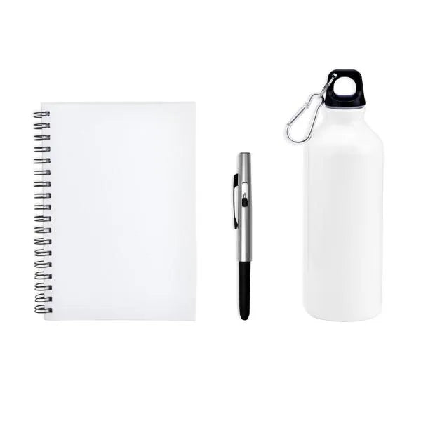 KIT COM SQUEEZE, CANETA E CADERNO - BRANCO - 3 PÇS