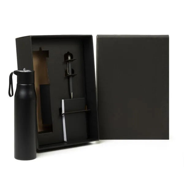 KIT GARRAFA, BLOCO PARA ANOTAÇÕES E CANETA - 3 PÇS