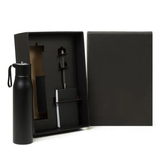 KIT GARRAFA, BLOCO PARA ANOTAÇÕES E CANETA - 3 PÇS