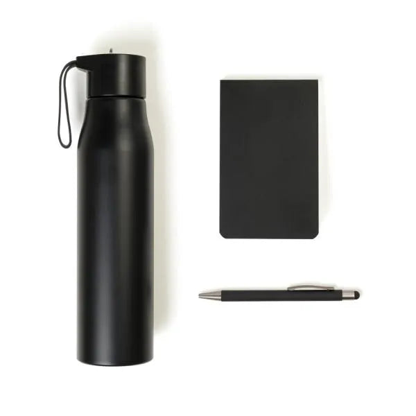 KIT GARRAFA, BLOCO PARA ANOTAÇÕES E CANETA - 3 PÇS