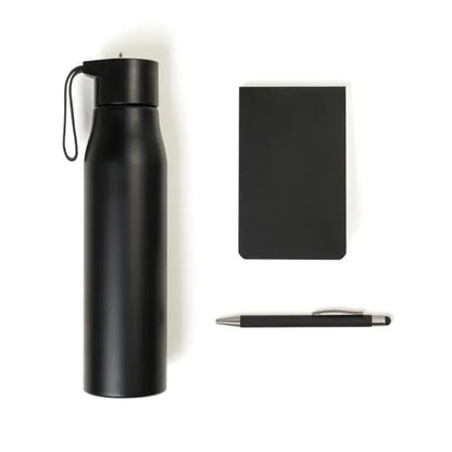 KIT GARRAFA, BLOCO PARA ANOTAÇÕES E CANETA - 3 PÇS