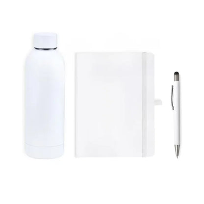 KIT GARRAFA, CADERNO E CANETA - BRANCO - 3 PÇS
