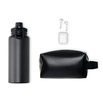 KIT GARRAFA, FONE BLUETOOTH E NECESSAIRE - 3 PÇS