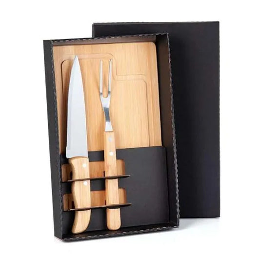 KIT PARA CHURRASCO EM BAMBU / MADEIRA / INOX - 3 PÇS