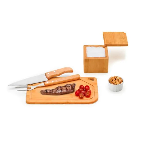 KIT PARA CHURRASCO EM BAMBU / MADEIRA / INOX - 5 PÇS