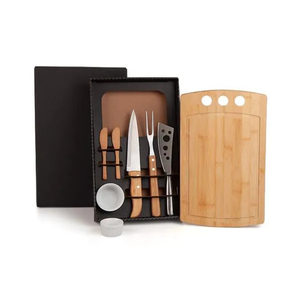 CONJ. PARA CHURRASCO E PETISCO EM BAMBU / MADEIRA / INOX - 2 EM 1