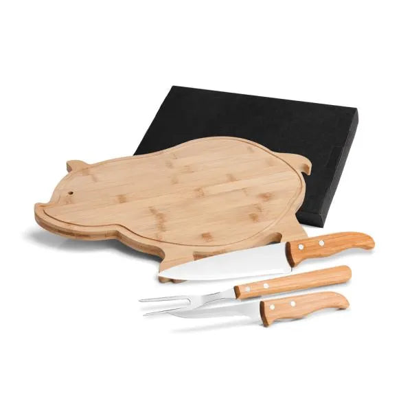 KIT PARA COZINHA COM TÁBUA PORCO EM BAMBU / MADEIRA / INOX - 4 PÇS