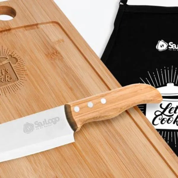 KIT PARA COZINHA EM BAMBU / MADEIRA / INOX COM AVENTAL E TOUCA - 8 PÇS