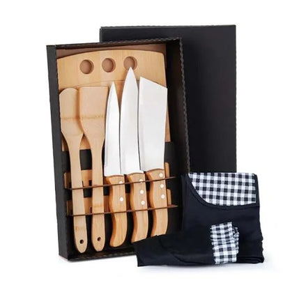 KIT PARA COZINHA EM BAMBU / MADEIRA / INOX COM AVENTAL E TOUCA - 8 PÇS