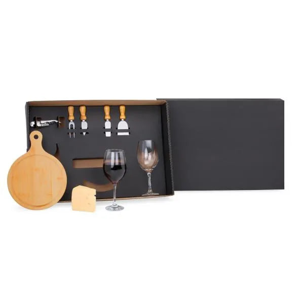 KIT QUEIJO E VINHO COM TÁBUA REDONDA - 8 PÇS