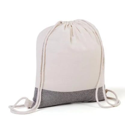 MOCHILA SACOLA EM ALGODÃO RECICLADO - BEGE NATURAL / MELANGE CINZA - 37X41CM