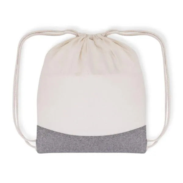 MOCHILA SACOLA EM ALGODÃO RECICLADO - BEGE NATURAL / MELANGE CINZA - 37X41CM