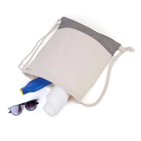 MOCHILA SACOLA EM ALGODÃO RECICLADO - BEGE NATURAL / MELANGE CINZA - 37X41CM