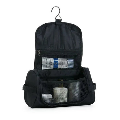 NECESSAIRE PRETA EM MICROFIBRA COM GANCHO